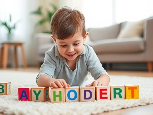A curious child, around 5 years old, happily playing with colorful English alphabet blocks on a bright rug in a well-lit living room, with a sense of wonder and engagement. Soft, natural light. Focus on learning and play.