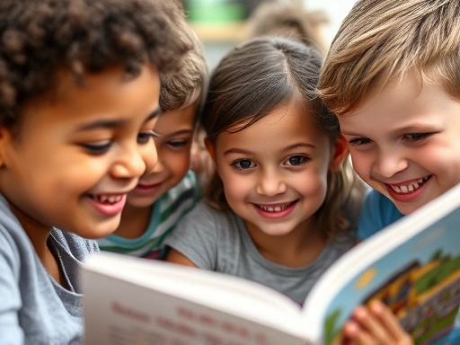 Close-up of a diverse group of smiling children, aged 3-8, listening attentively to an adult (blurred in background) reading an English picture book, highlighting their natural curiosity and enjoyment of language. Emphasis on shared learning and interaction.