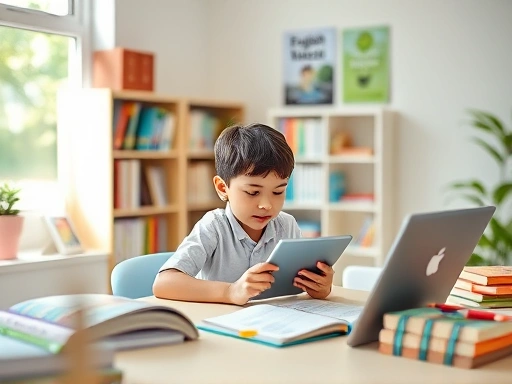 A bright, modern study room with a child (age 8-12) seated at a desk, looking engaged with a tablet or computer, surrounded by English learning books and materials. The scene should convey a sense of focused learning and assessment, with a warm, encouraging atmosphere.