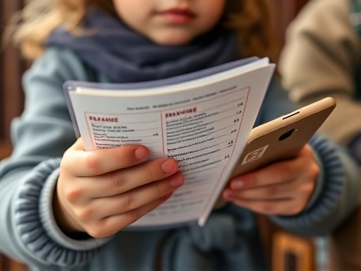 Close-up of a 7-year-old's hands holding a menu in a foreign country, with a small phrasebook or smartphone for translation nearby, showing a sense of accomplishment and active learning through practical engagement with new language.