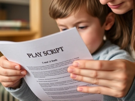 A close-up shot of a child holding a play script, looking focused and engaged, with a parent's hand gently guiding, emphasizing collaboration and detailed practice, showcasing a moment of learning.