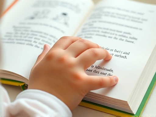 Close-up of a child's hand turning a page of an open chapter book, simple illustrations visible, focus on the texture of paper and engaged reading.