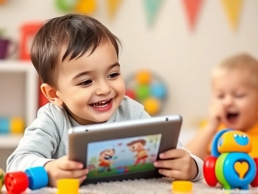 A cheerful child laughing while watching an animated English cartoon on a tablet, surrounded by colorful educational toys, highlighting joyful learning.