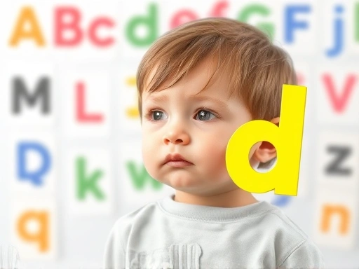 A child looking confused at letters b and d, with a blurred background of alphabet flashcards, bright and educational tone.