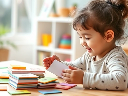 A child happily learning English grammar through playing with colorful word cards, a bright, inviting learning environment, clear focus on the cards and child's engagement, SVO keywords visible.