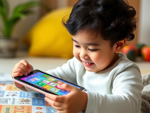 A child happily engaging with an English learning app on a tablet, with vibrant colors and a focus on curiosity, incorporating keywords like 
