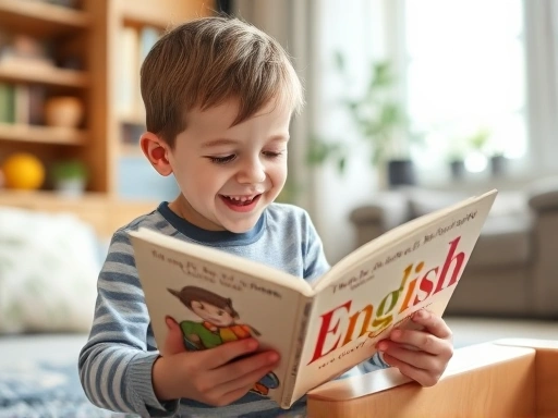 A child happily interacting with an English audio book using a Saypen, in a brightly lit home environment, showing engagement and easy use.