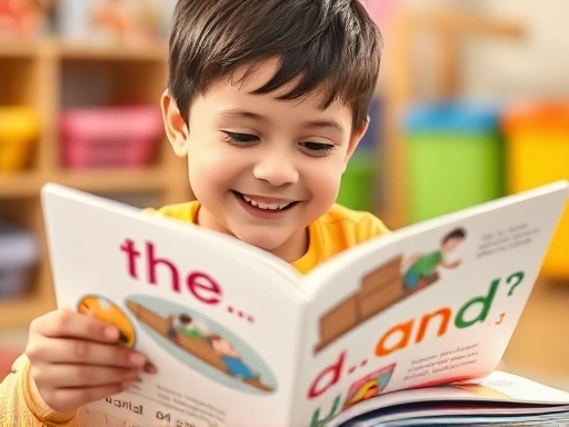 A happy young child, around 5-7 years old, engrossed in reading a colorful storybook, with a few common sight words like 'the' and 'and' highlighted or subtly emphasized on the pages, bright, engaging, educational setting.