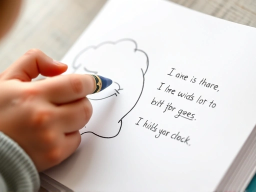 Close-up of small hands holding a crayon, adding a detail to a drawing on a page that resembles a child's storybook, with a few simple English words written beside the drawing, emphasizing creativity and language development.