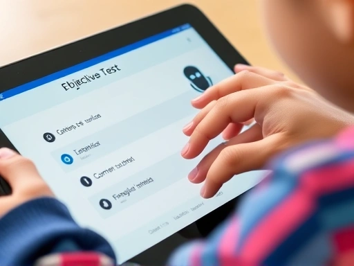 Close-up on a child's hands interacting with a tablet during an English level test, showing specific details like multiple-choice options or a microphone icon for speaking exercises. Emphasize focus and engagement with the digital test interface, capturing the essence of an objective assessment.