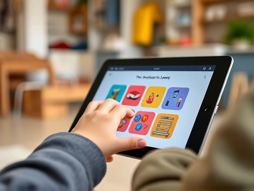 Close-up of a child's hands interacting with an English learning app on a tablet, with blurred background showing a busy, yet organized home environment, highlighting independent learning.