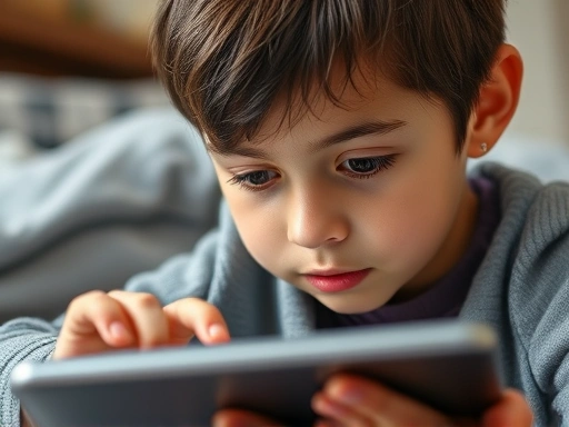 A close-up of a child around 8-10 years old, intently using a tablet or laptop to engage with an online English learning program or reading an English e-book, representing self-directed learning and the transition from mom-led education. Focus on independent study and engagement. Keywords: self-directed English learning, child digital learning, online English, independent study.