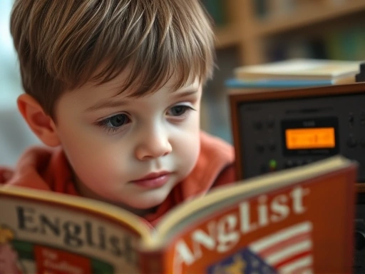Close-up of a child listening attentively to an English story from a book, with a classic CD player visible in the background, focusing on the calm and focused atmosphere of traditional audio learning.