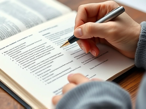 A close-up of hands holding a pen, highlighting specific sentences and grammatical structures in a notebook, with an open English book beside it. Focus is on active analysis during transcription.
