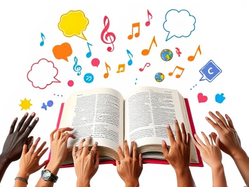 A vibrant, open book with various creative elements like speech bubbles, musical notes, and social media icons floating around it, symbolizing creative English book report writing. The scene is brightly lit, inspiring imagination and freedom from traditional formats. It should include diverse hands reaching for the book, suggesting widespread accessibility.