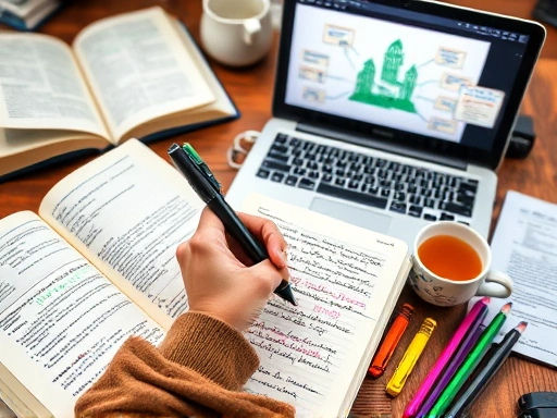 A close-up of a student's hand actively writing or sketching in a notebook, surrounded by open English books and a laptop displaying a creative mind map. The focus is on the act of creative expression, with elements like colorful pens, a cup of tea, and a cozy study environment, suggesting a personal and engaging approach to book reporting.