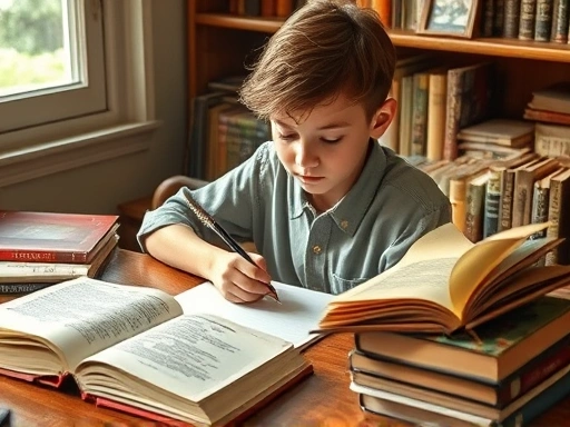 A young person thoughtfully writing a letter at a cozy desk, surrounded by open English books, with a quill pen and ink, conveying a sense of imagination and focus, daylight, warm tones.