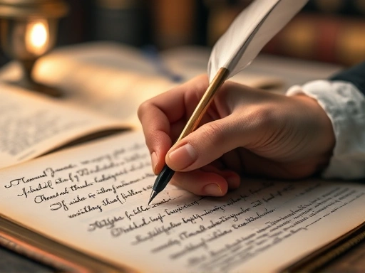 A close-up of a hand holding a quill pen, writing elegant English script on aged paper, with blurred open books and a reading lamp in the background, symbolizing focused creative expression and literary depth.