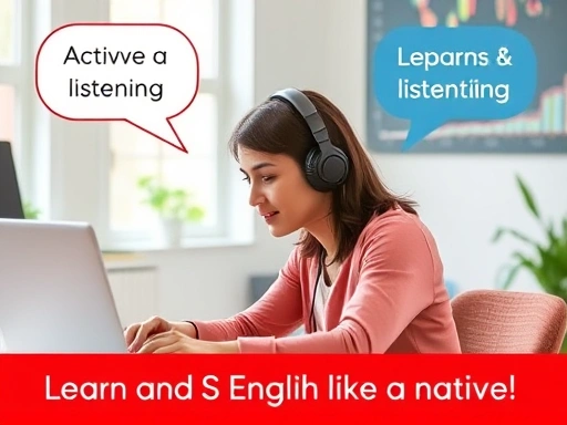 A person sitting at a desk with headphones, looking focused on a laptop screen, demonstrating active listening and repetition, with subtle speech bubbles indicating sound waves. The scene is bright and encouraging, emphasizing learning and speaking English like a native.