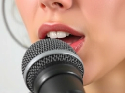 Close-up shot of a person's mouth and microphone, showing clear articulation and vocal effort during a shadowing exercise. Focus on the subtle movements of the lips and tongue, with a clear, professional microphone in the foreground, indicating precise English speech practice.
