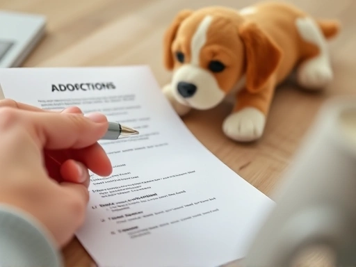 A close-up of a person's hand holding a pen, thoughtfully looking at a checklist or notes with pros and cons related to dog adoption, a cute puppy toy in the background, conveying a crucial decision-making moment.