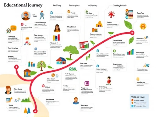 A detailed map of an educational journey with various learning paths for different age groups, focusing on English education resources, bright and encouraging atmosphere.