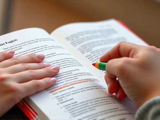 Close-up view of a student's hand highlighting key sections in an EBS English textbook with colorful markers, demonstrating focused study and engagement.