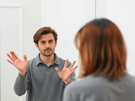 A person practicing an English self-introduction in front of a mirror, focusing on hand gestures and facial expressions, showing determination.
