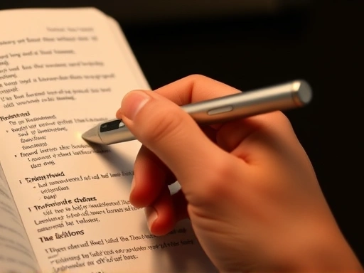 Close-up of a hand holding a smart English learning pen, pointing to a specific word in an English dictionary. The pen's tip is illuminated, and a small screen on the pen displays a phonetic transcription or translation. Background is blurred. SEO keywords: smart pen close-up, pronunciation, vocabulary, dictionary pen.