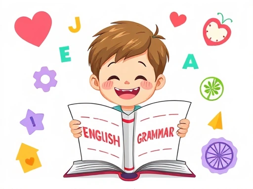 A vibrant illustration of a child happily reading an English grammar book, surrounded by simple, friendly grammar symbols and colorful shapes, suitable for elementary school kids.