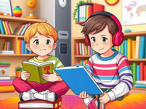 A vibrant scene depicting two elementary school children engaged in English listening activities. One child is casually listening to music or a story (passive listening), while the other is focused with headphones and a tablet, possibly doing a dictation exercise (intensive listening). The setting is a cozy, colorful study room with books and educational toys.