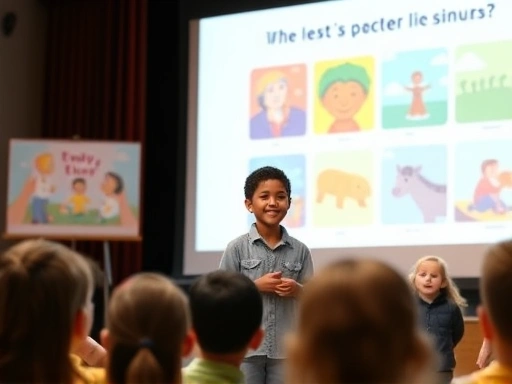 A cheerful elementary school student confidently presenting in English on a stage, with simple, colorful presentation slides featuring large images behind them. The student is smiling and making eye contact with the audience. The scene captures the essence of a successful and engaging presentation for young learners.