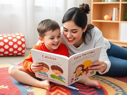 A mother and her 1st-grade child happily reading an English picture book together on a colorful rug, with an audio pen nearby, illustrating joyful learning and interaction.