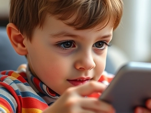 Close-up of a 3rd-grade child independently using a tablet for an online English learning platform, with a focused expression, showing self-directed learning and advanced tools.