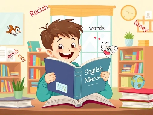 A bright, cheerful illustration of an elementary school student enthusiastically using a dictionary, with English words and colorful illustrations floating around them, in a cozy study room setting, highlighting learning and discovery.
