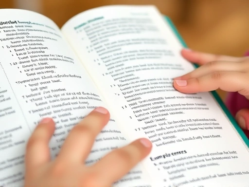 A close-up shot of an open dictionary page, showing clear definitions and example sentences, with a child's hand gently pointing at a word, emphasizing the ease of use and visual learning for young readers.