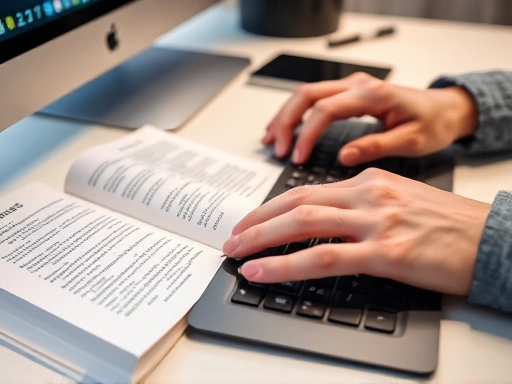 Close-up of hands typing on a keyboard, with an open English book and a credit card visible next to it, on a clean desk. The focus is on the act of online purchasing, symbolizing easy and secure transactions for overseas direct book orders. Detailed, sharp focus.