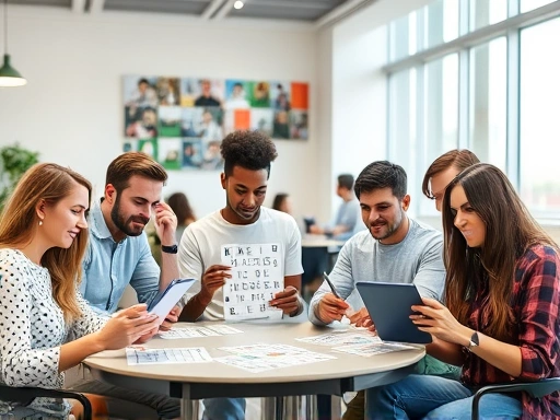 A diverse group of people engaged in various English brain games in a modern, brightly lit learning space, showing expressions of concentration and enjoyment. Include elements like crossword puzzles, scrabble boards, and tablets with word game apps, emphasizing a stimulating and collaborative atmosphere.