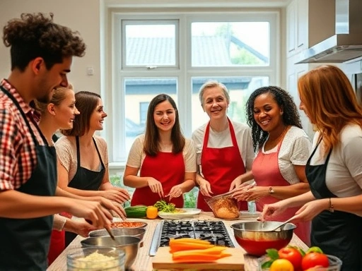 A vibrant group of diverse adults happily cooking together in a modern, brightly lit kitchen, engaged in lively conversation in English, showcasing the immersive learning experience of an English cooking class.