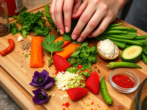 A close-up shot of fresh, colorful ingredients like herbs, vegetables, and spices being prepared on a cutting board, emphasizing the tactile and olfactory engagement in an English cooking class, with hands gently interacting.
