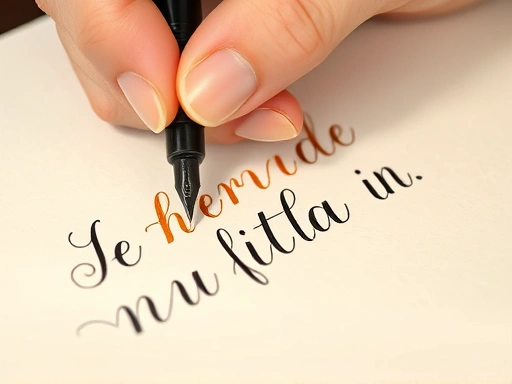 Close-up of a hand gracefully writing English cursive letters with a fountain pen on textured paper, showing ink flow and precise strokes.