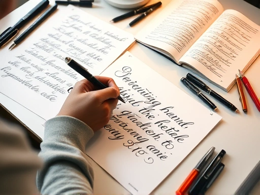 A person is diligently practicing English cursive handwriting on a dedicated notebook, surrounded by various pens and an open calligraphy book on a well-lit desk.