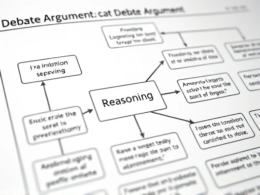 A detailed close-up illustration of a flowchart or diagram representing the logical structure of a debate argument, showing connections between claim, reasoning, and evidence, with clear text and professional design.