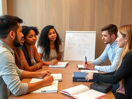 A diverse group of young adults actively engaged in a lively English debate session around a table, with open notebooks and a whiteboard, showing focused and expressive faces, highlighting debate practice.