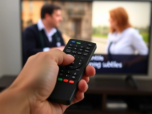 Close-up of a hand holding a DVD remote control, with a TV screen in the background showing English dialogue and optional English subtitles, emphasizing the control over learning experience.
