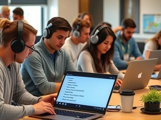 A diverse group of students actively engaged in English language learning using laptops and headphones, focusing on different subtitle options on their screens in a modern classroom setting, illustrating focused study.