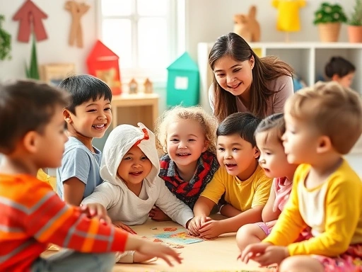 A vibrant, diverse group of young children actively participating in a fun, immersive English kindergarten classroom, with a friendly native English teacher leading an engaging activity. Focus on the children's joyful expressions and interactive learning. Use bright, natural lighting.