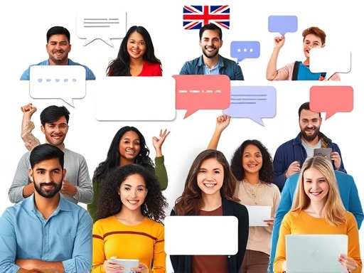 A diverse group of people from different backgrounds engaged in online English learning, with speech bubbles and virtual connections. Focus on community and collaboration, bright and encouraging atmosphere.