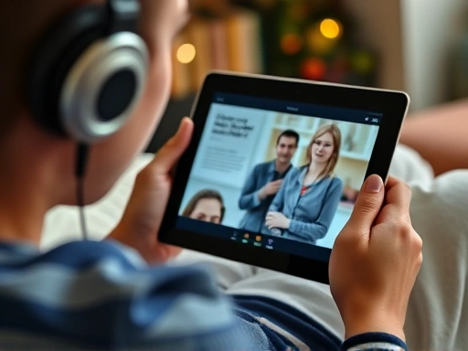 Close-up of a person watching an English learning video on a tablet, with headphones on. Emphasize focused learning and visual content, in a cozy study environment.
