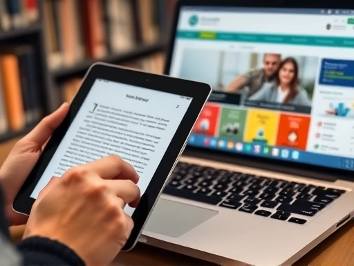 Close-up of hands interacting with a tablet displaying an e-book and a laptop showing an online language learning platform, with library books subtly blurred in the background. Focus on digital resources for English learning.